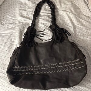 Nicoli Italian Brown Leather Tassel 2 Braided Shoulder Straps Hobo Style Purse